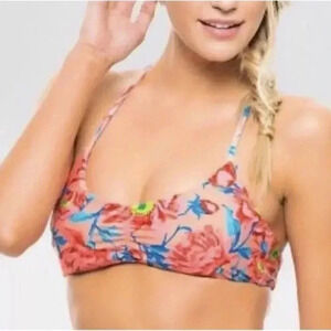 Tori Praver Bright Mango Floral Macrame Bikini Top Size XL Like New